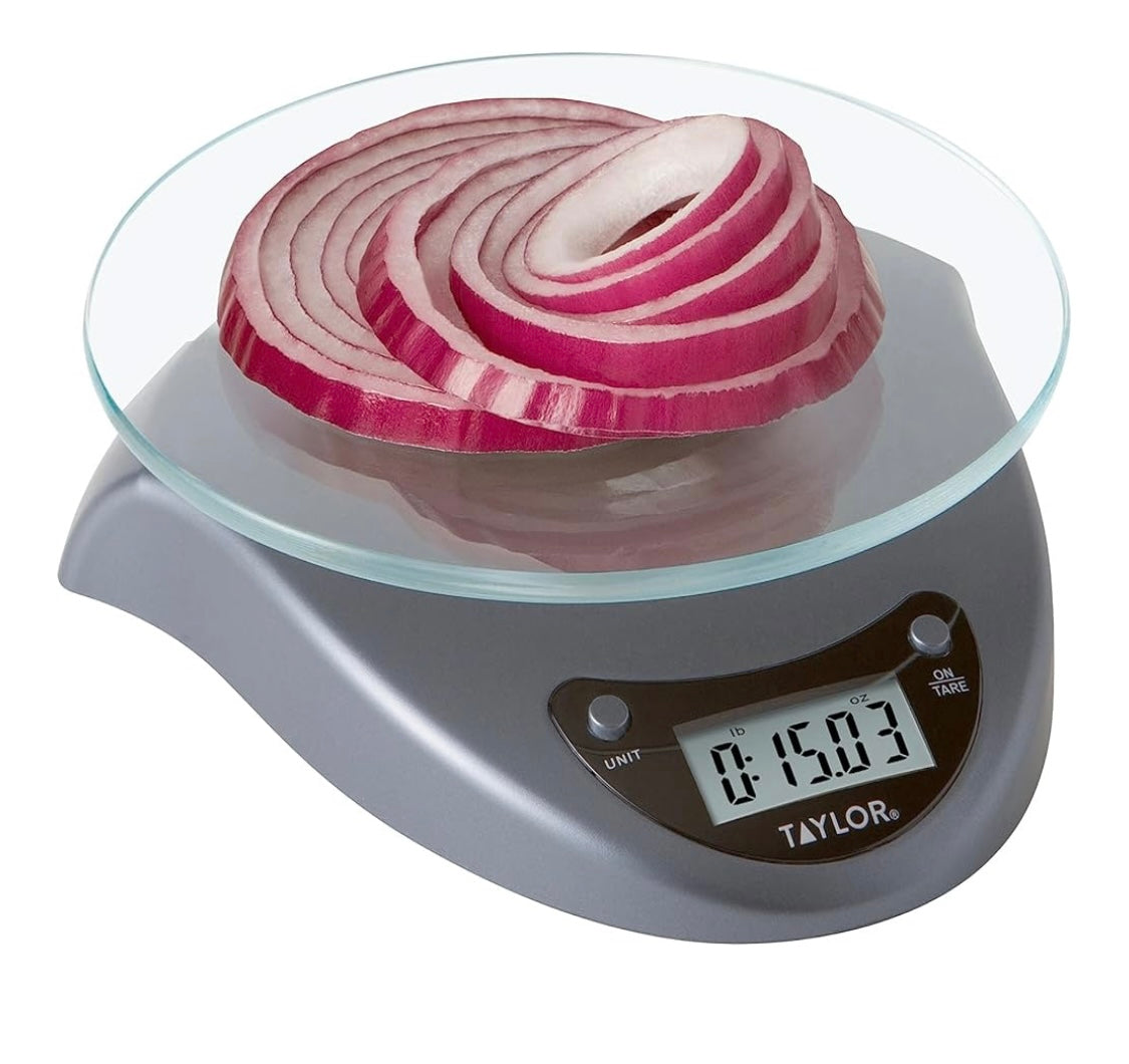 Taylor Digital Kitchen Scale with Glass Platform, Tare Button, and Plastic Body Weighs up to 11 Pounds Capacity, Silver