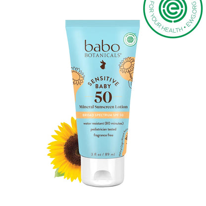 Babo Botanicals Sensitive Baby, Mineral Sunscreen Lotion, SPF 50, Fragrance Free, 3 fl oz (89 ml)