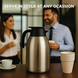 Dolcetti 68 oz (2L) Thermal Coffee Carafe Airpot Dispenser with Pump | Double Wall Stainless Steel Insulated Server for Hot or Cold Beverages | Ideal for Parties, Events and Office Use