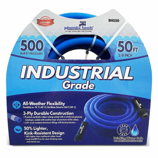 5/8" x 50' Industrial Grade Dual-Purpose Blue Synthetic Rubber Hose, BPA Free for Safe Drinking, 500 PSI Burst Pressure