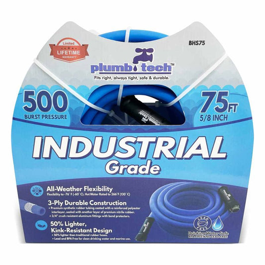 5/8" x 75' Industrial Grade Dual-Purpose Blue Synthetic Rubber Hose, BPA Free for Safe Drinking, 500 PSI Burst Pressure