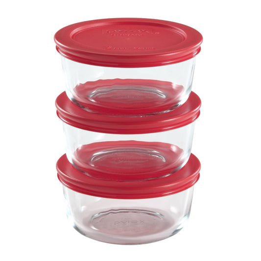 PYREX-6pc ROUND SET W-RED LIDS
