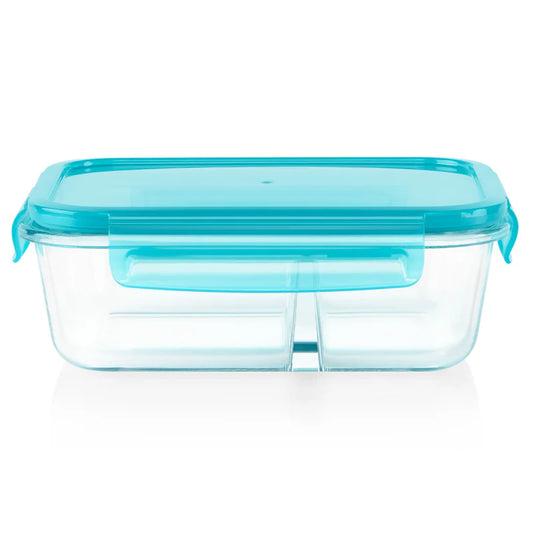 Pyrex® MealBox™ 4-cup Divided Glass Food Storage Container with Turquoise Lid