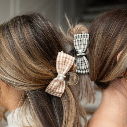 Large Pearl Hair Clip – Tan Checkered