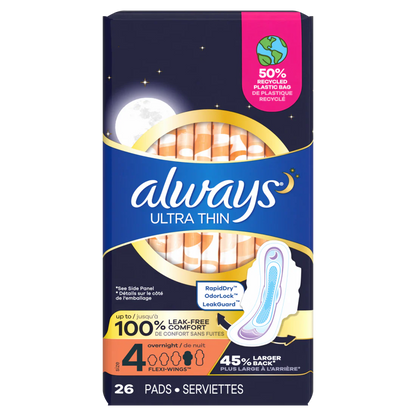 Always Ultra Thin Overnight Pads with Wings, Size 4 Overnight - 26ct