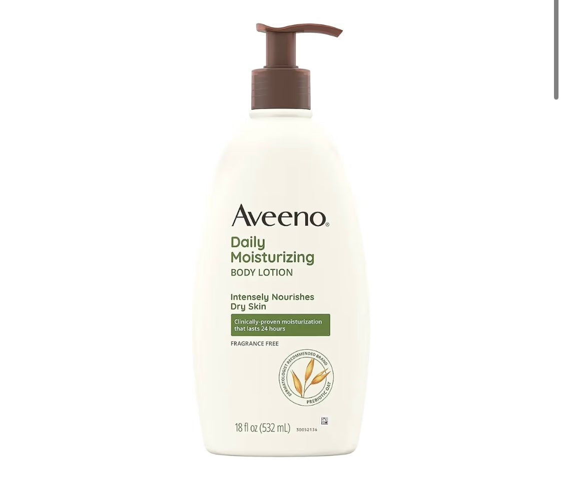Aveeno Daily Moisturizing Body Lotion for Dry Skin with Prebiotic Oat, Fragrance & Paraben Free, Non-Greasy, Non-Comedogenic, for Sensitive Skin & 72-Hour Moisturizer 18 Fl Oz
