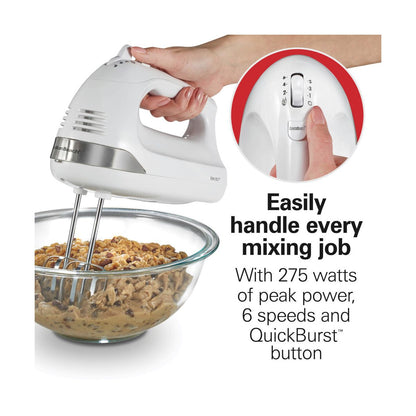 Hamilton Beach 6 Speed Hand Mixer Snap-On Case White 62629: Handheld Mixer for Kitchen, 275W, Dishwasher-Safe Parts