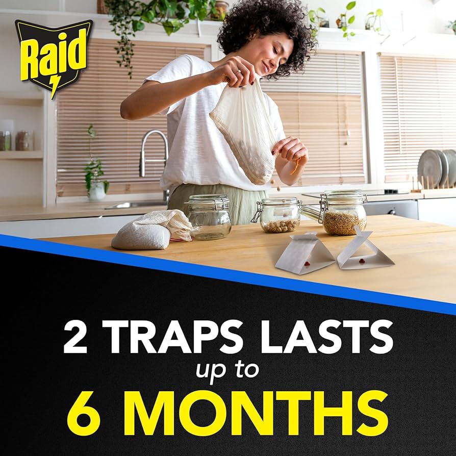Raid Pantry Moth Traps for Food Storage Areas, 2 Pack, Indoor Sticky Fly Trap with Bait, No Insecticides, Controls Common Pantry Moths, Up to 6 Months Use, Open, Peel, Fold and Place