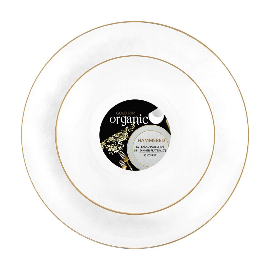 Organic Hammered White Transparent Gold Rim Combo 7″ & 10″ Plates (32 Count)