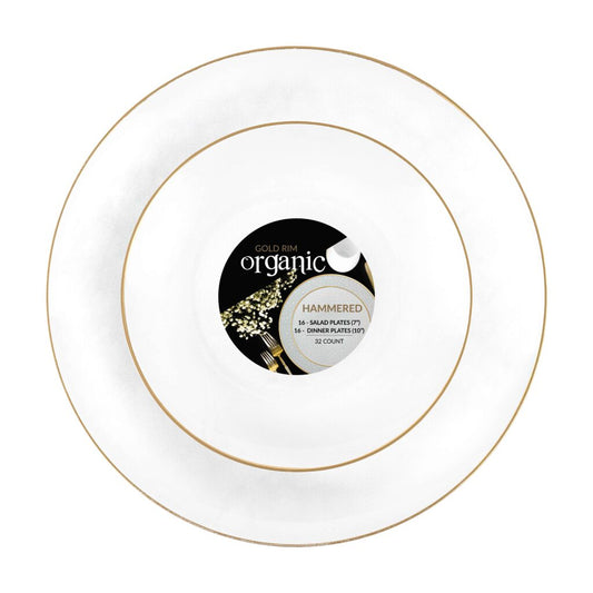 Organic Hammered White Transparent Gold Rim Combo 7″ & 10″ Plates (32 Count)