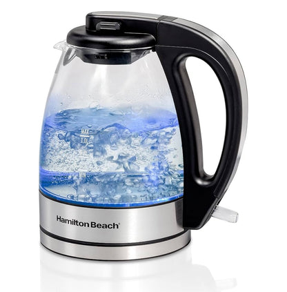 Hamilton Beach Glass Electric Tea Kettle, Water Boiler & Heater, 1 Liter, 1500 Watts for Fast Boiling, BPA Free, Cordless Serving, Auto-Shutoff & Boil-Dry Protection, Soft Blue LED