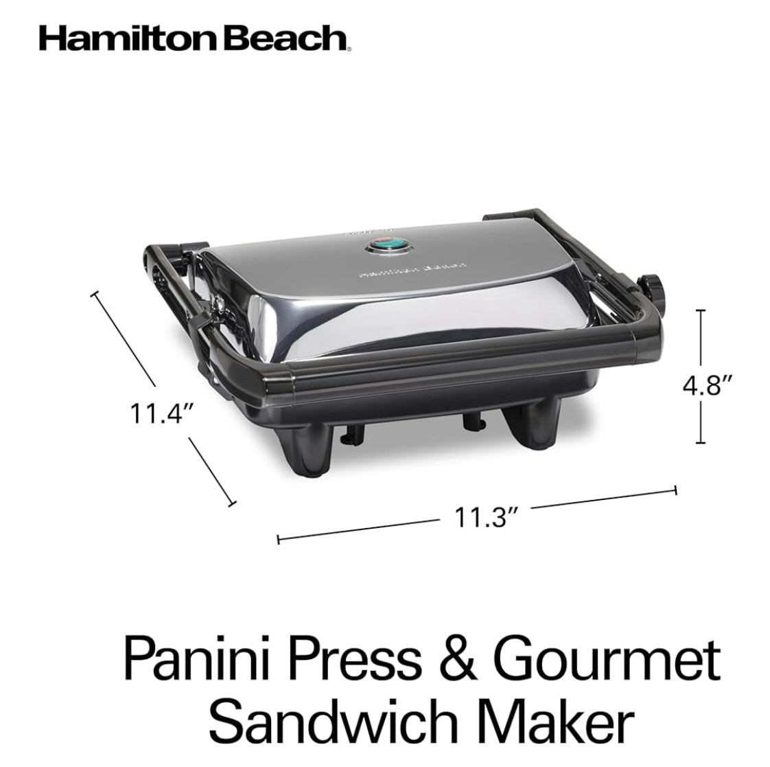 Hamilton Beach Panini Press Sandwich Maker & Electric Indoor Grill with Locking Lid, Opens Wide to Fit Any Thickness for Quesadillas, Burgers & More, Nonstick 8" x 10" Grids, Chrome