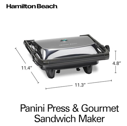 Hamilton Beach Panini Press Sandwich Maker & Electric Indoor Grill with Locking Lid, Opens Wide to Fit Any Thickness for Quesadillas, Burgers & More, Nonstick 8" x 10" Grids, Chrome