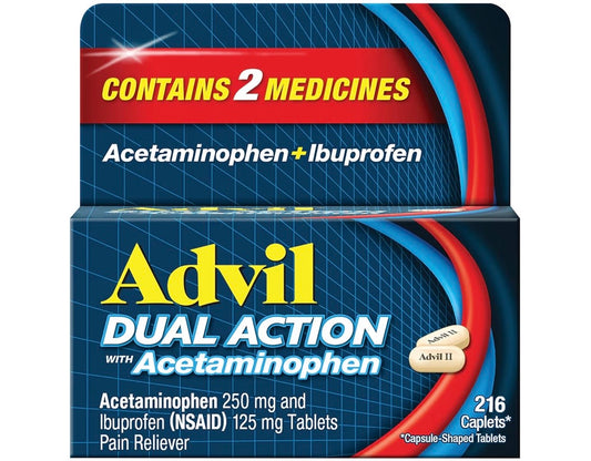 Advil Dual Action Coated Caplets with Acetaminophen, 250 Mg Ibuprofen and 500 Mg Acetaminophen per Dose (2 Dose Equivalent) for 8 Hour Pain Relief - 216 Count