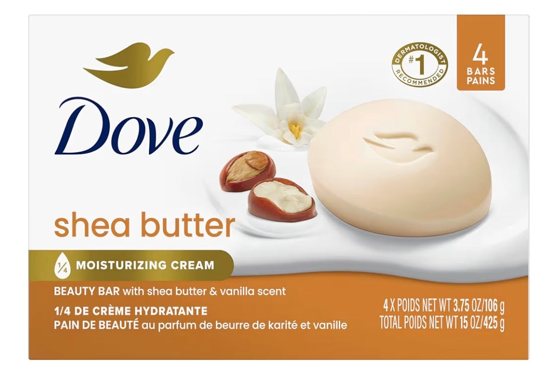 Dove Beauty Bar Soap Shea Butter 4 Count for Nourished, Radiant Skin, Enriches Skin