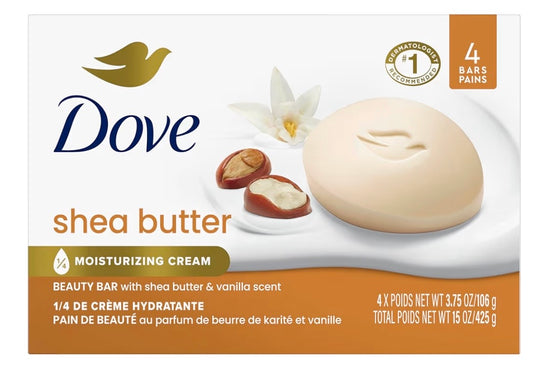 Dove Beauty Bar Soap Shea Butter 4 Count for Nourished, Radiant Skin, Enriches Skin