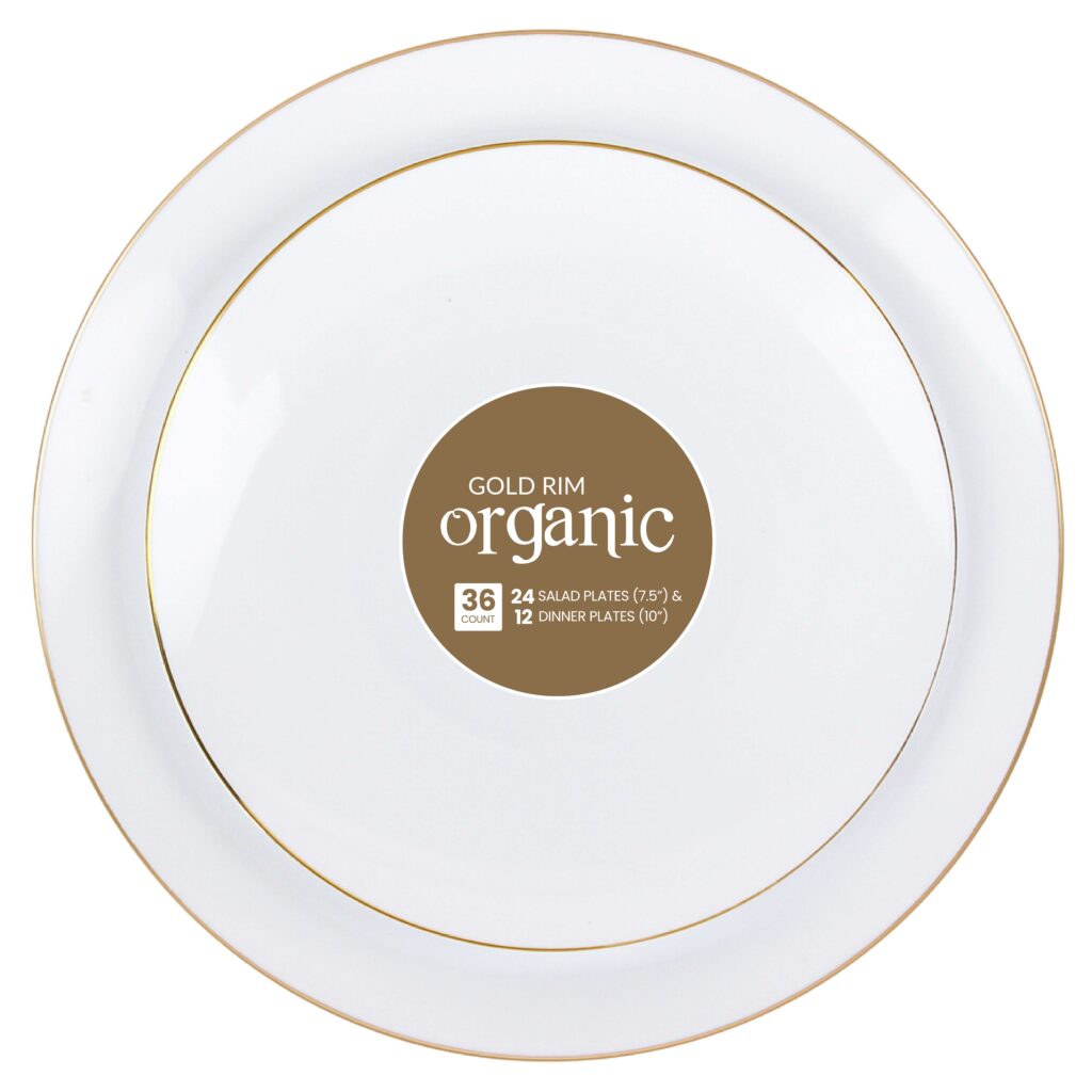 Organic White/Gold Rim Combo Plates 7.5″ (24 Count) & 10.25″ (12 Count)