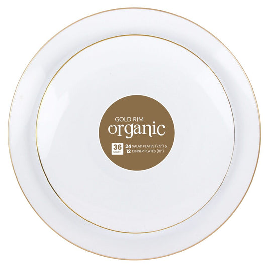 Organic White/Gold Rim Combo Plates 7.5″ (24 Count) & 10.25″ (12 Count)