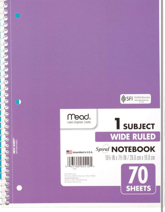 1 subject notebook, 70 sheets