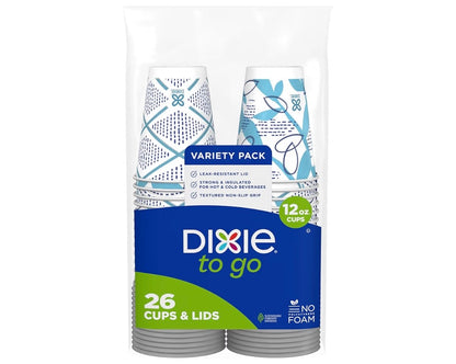 Dixie To Go Paper Coffee Cups With Lids, 12 oz, 26 ct, Disposable Insulated Paper Cups for On-The-Go Hot or Cold Beverages