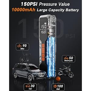 Tire Inflator Portable Air Compressor 10000mAh, 4X Fast Air Pump for Car Tires, 150PSI Electric Tire Pump with Digital Pressure Gauge/LED Light/Power Bank, Bike Pump/Motorcycle/Ball/Car Accessories