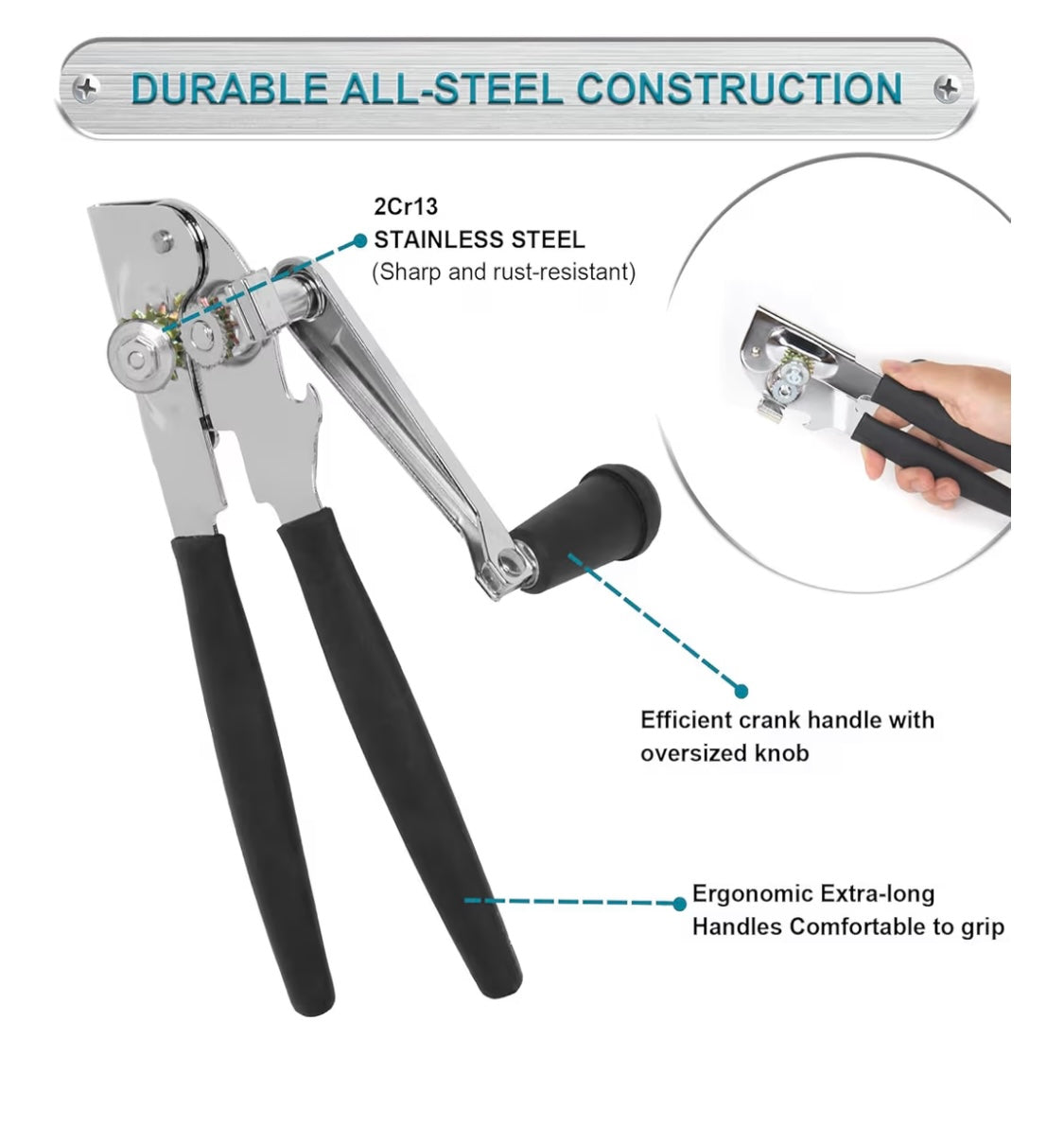 Commercial Can Opener with Magnet, Manual Heavy Duty Folding Hand Crank Can Opener Smooth Edge with Comfortable Long Handles, Fit All Size Cans, Large Cans