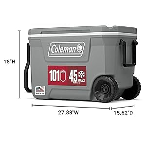 Coleman Classic Series Insulated Portable Rolling Cooler with Wheels, Leak-Resistant Outdoor Hard Cooler Keeps Ice up to 5 Days, 62-Quart