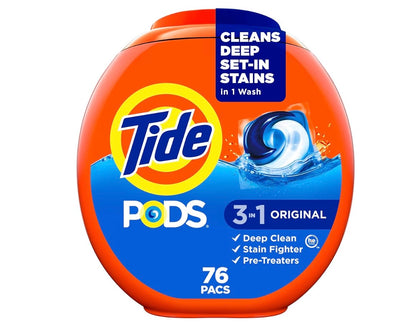 Tide PODS laundry detergent pacs, 3-in-1 Stain Remover, Odor Fighter, Color Protector, 76 Count, HE compatible, Original Scent