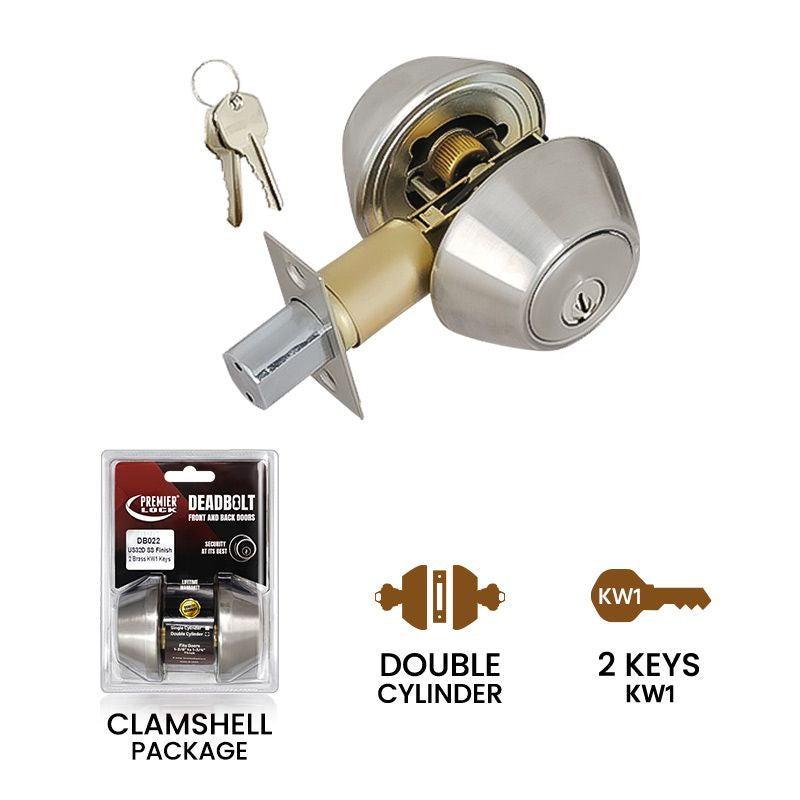 Stainless Steel Deadbolt Door Lock - Double Cylinder - With 2 KW1 Keys-Carded