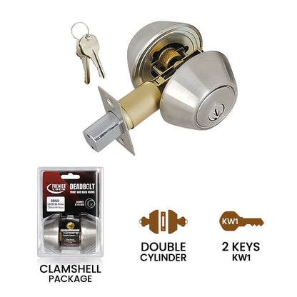 Stainless Steel Deadbolt Door Lock - Double Cylinder - With 2 KW1 Keys-Carded