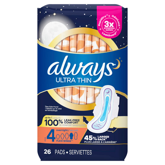 Always Ultra Thin Overnight Pads with Wings, Size 4 Overnight - 26ct