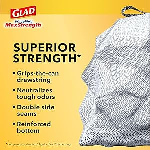 Glad Tall Kitchen Trash Bags 13 Gallon, MaxStrength Recovered Plastic Garbage Bags, Odorshield with Drawstring, 45 Count