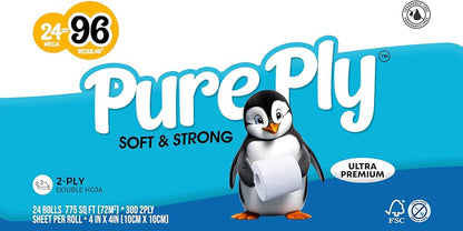 Ultra-Soft 2-Ply Toilet Paper, 300 Sheets, 24 Embossed Rolls, Septic-Safe