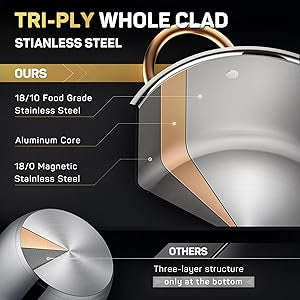 Ciwete 8 Quart Stock Pot, 3 Ply Whole Clad Stainless Steel Stock Pot, 8 QT Cooking Pot with Lid, Induction Pot for Cooking, 18/10 Stainless Steel Cookware Stockpots Oven, Gas and Dishwasher Safe