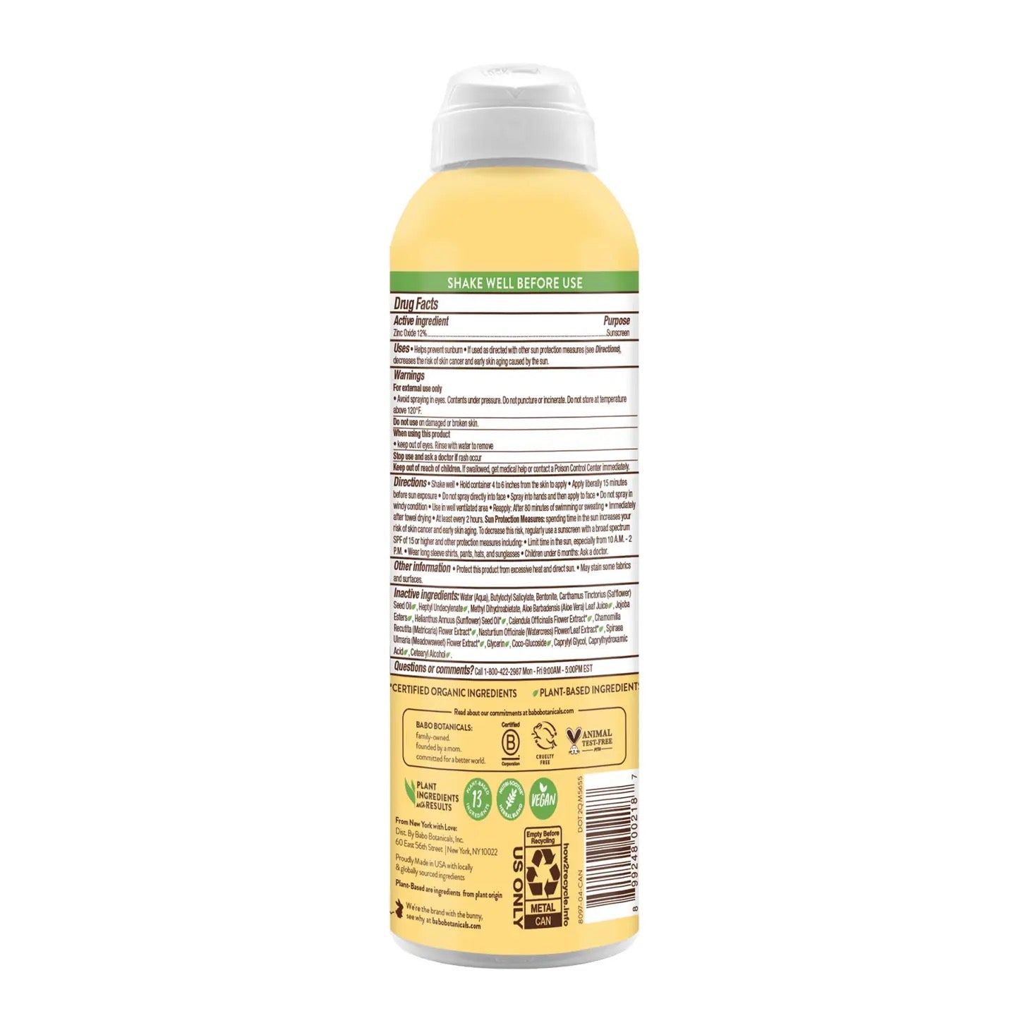 Babo Botanicals Sheer Zinc Mineral Sunscreen Spray SPF 30 (6 oz) Air Powered Spray (Non-Flammable) Sun Protection