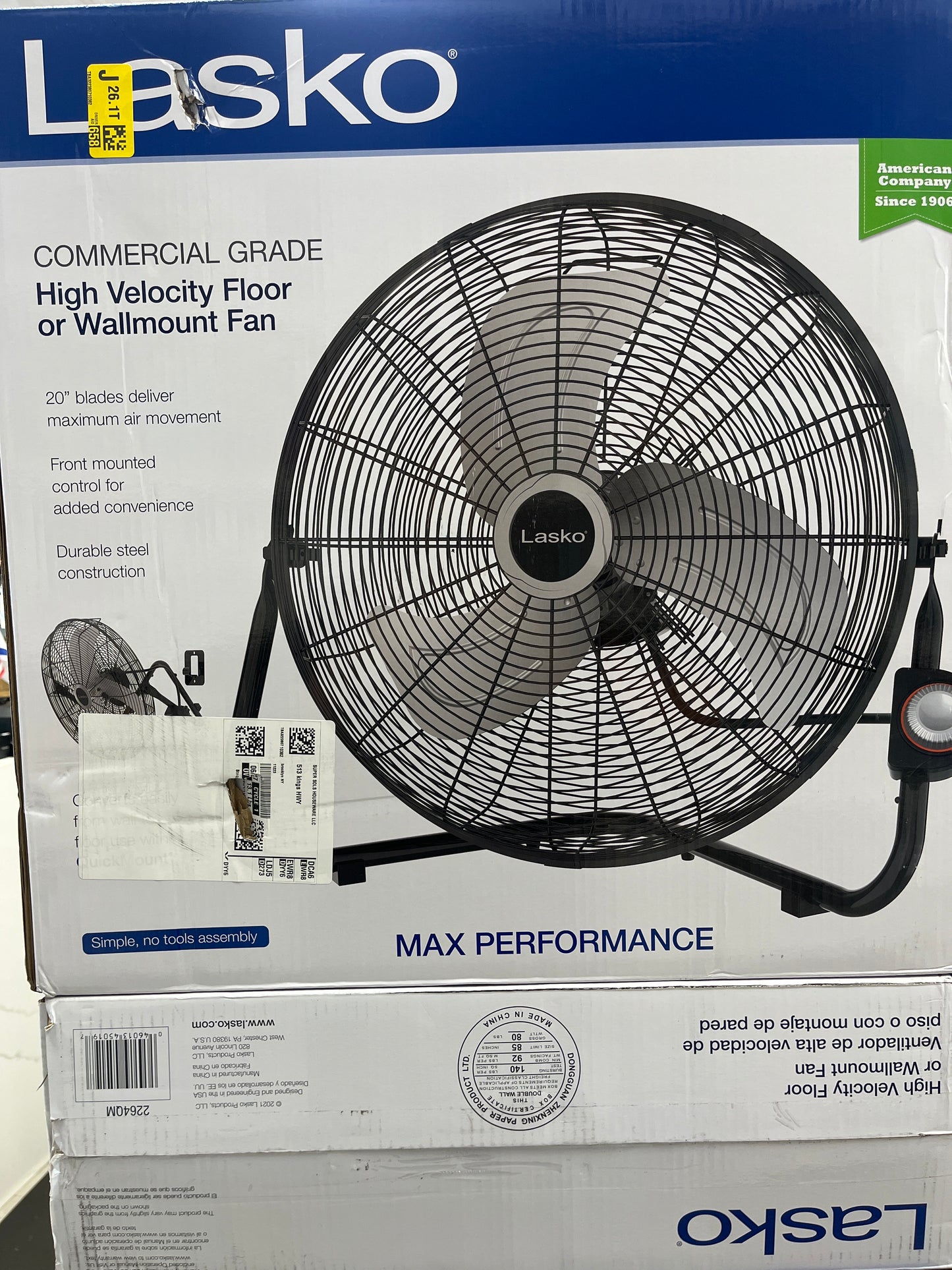 Lasko commercial grade high velocity floor or wall mount fan