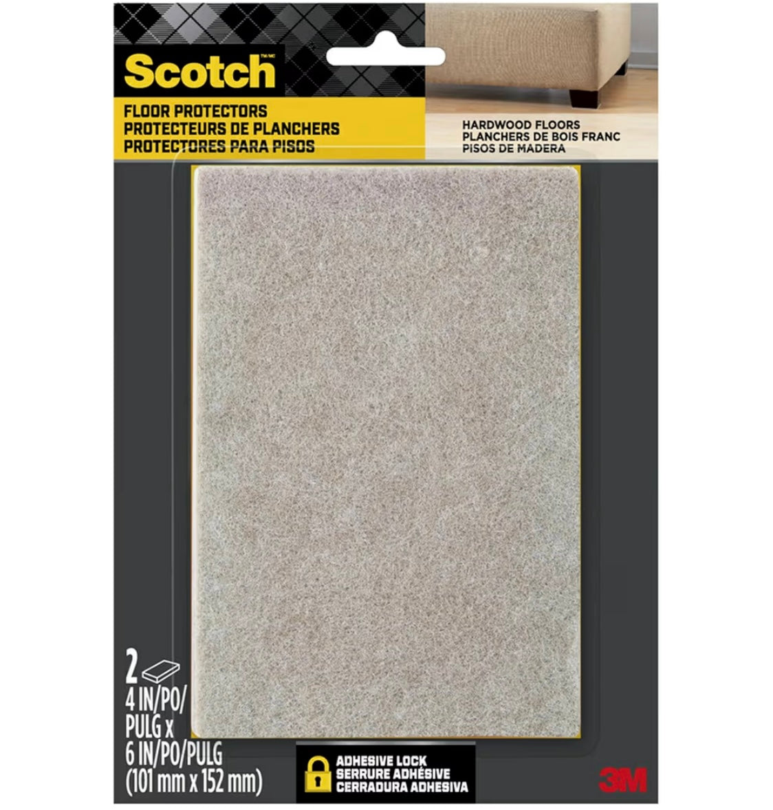Scotch Felt Pads Beige, 2 Large Pads 4 x 6 in, Felt Furniture Pads for Protecting Hardwood Floors, Easy-to-Apply, Self-Stick Design, Reliable Protection from Nicks, dents and Scratches
