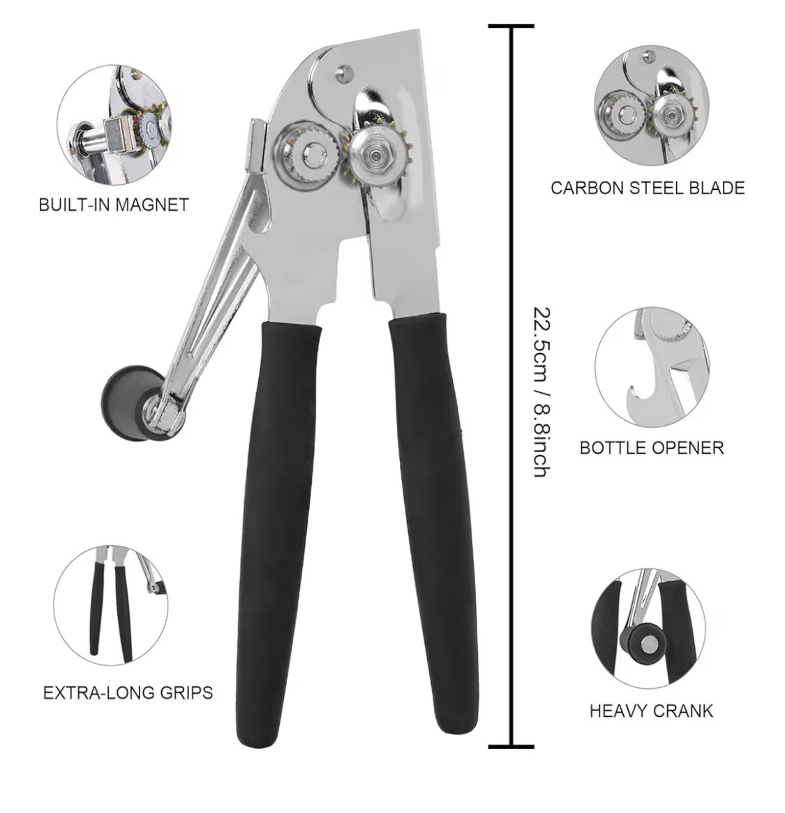 Commercial Can Opener with Magnet, Manual Heavy Duty Folding Hand Crank Can Opener Smooth Edge with Comfortable Long Handles, Fit All Size Cans, Large Cans