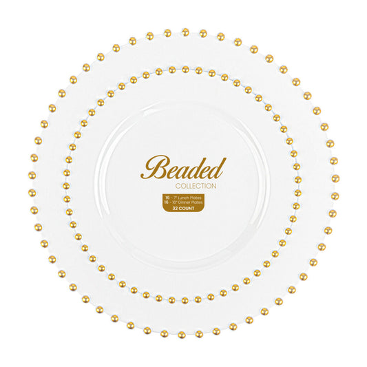 Beaded Collection Combo White/Gold 7″ & 10″ Plates (32 Count)