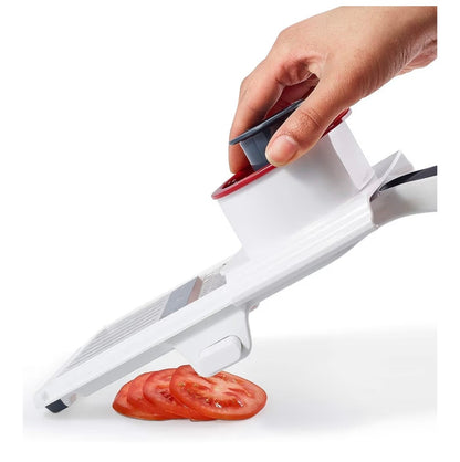 Zyliss Easy Control Handheld Slicer - Vegetable Slicer & Chopper - Fruit Cutter - Handheld Slicer with Two Stainless Steel Blades - Dishwasher Safe - White/Red, 13 inches