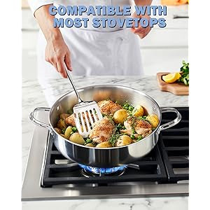 Cooks Standard Multi-Ply Clad 5.5 Quart Stainless Steel Saut'e Pan, 12 Inch Deep Frying Pan Skillet with Lid, Induction-Ready Cooking Pan with Two Side Handles, Dishwasher & Oven Safe