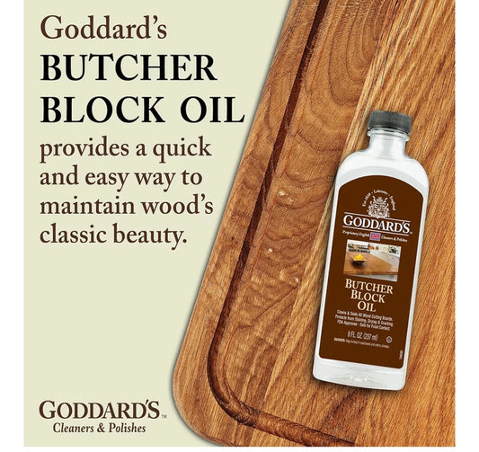 Goddard's Butcher Block Oil - Food Grade Mineral Oil for Wood Cutting Board, Clean & Hydrate Wooden Kitchen Utensils, 8 ounces