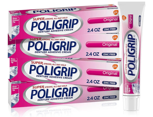 Super Poligrip Original Denture Adhesive Cream, Zinc Free Denture Cream for Dentures - 2.4 Ounces