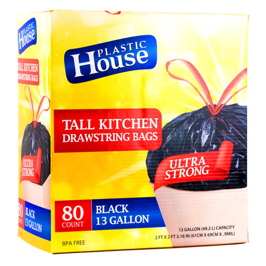PLASTIC HOUSE 13Gal Drawstring Black Bag 80 Count