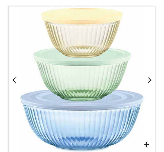 PYREX-6 PC. MIXING BOWL SET w/ LIDS TINTED & SCULPTURED