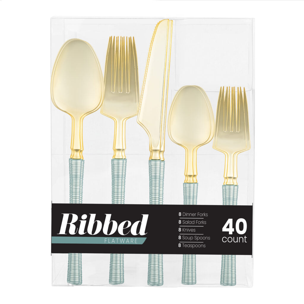 Ribbed Flatware Combo Blue Pearl/Gold (40 Count)