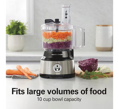 Hamilton Beach Food Processor & Vegetable Chopper for Slicing, Shredding, Mincing, and Puree, 10 Cups + Easy Clean Bowl Scraper, Black and Stainless Steel (70730)