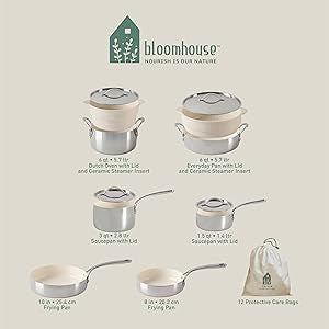 Bloomhouse 12 Piece Triply Stainless Steel Pots and Pans Cookware Set w/Non-Stick Non-Toxic Ceramic Interior, Ceramic Steamer Inserts, & 12 Protective Care Bags