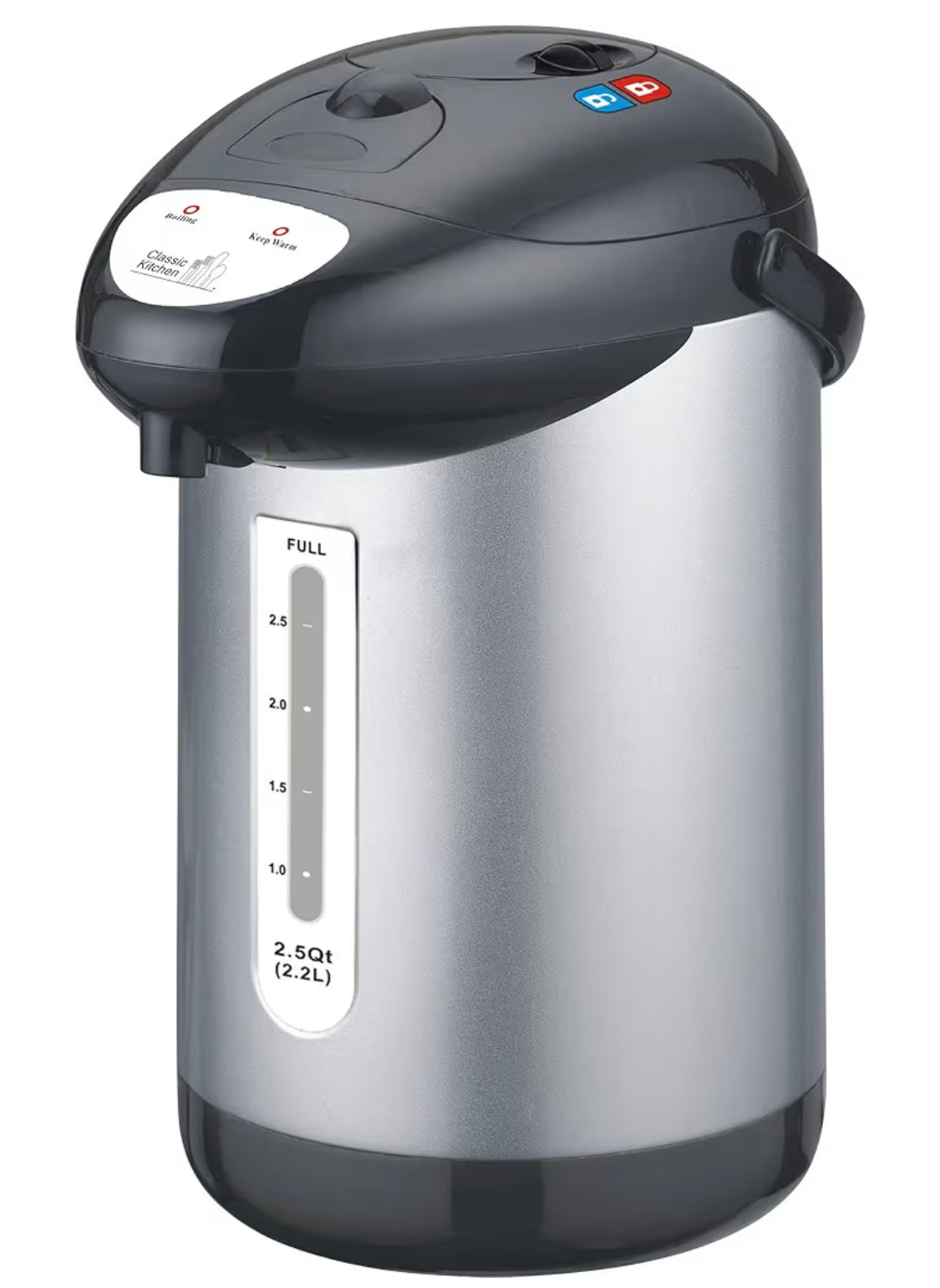 Classic Kitchen CK221BC 2.5QT (2.2L) Electric Kettle/Hot Water Pump Pot, Stainless Steel Interior, TRAVEL SIZE Edition