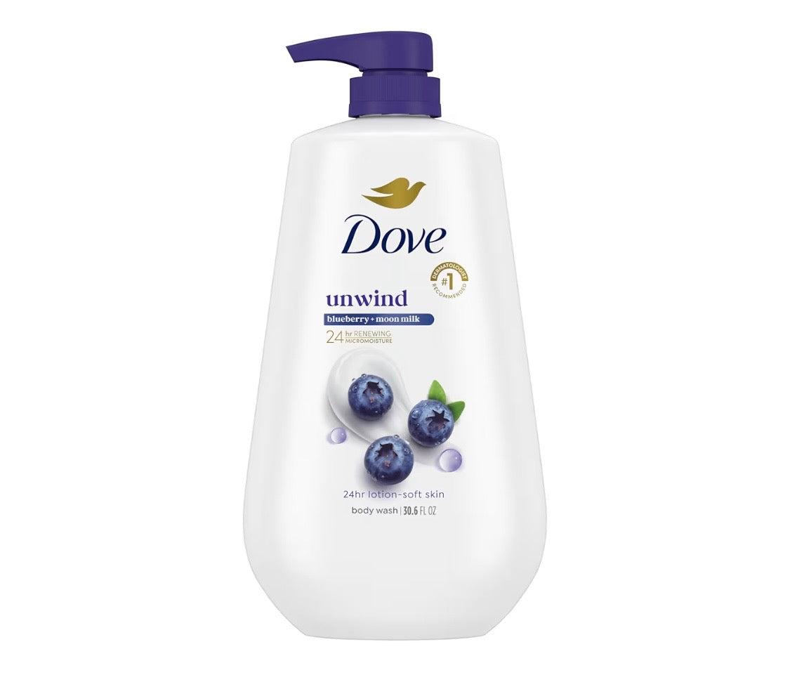 Dove Body Wash Unwind Blueberry & Moon Milk For 24hr Lotion-Soft Skin Moisturizing Skin Cleanser with No Sulfates No Parabens 30.6 oz